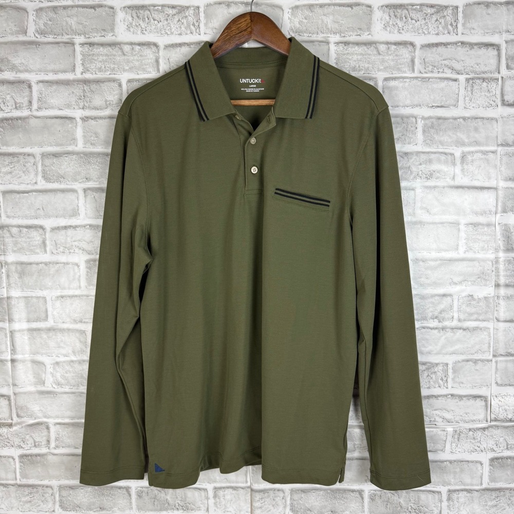 UNTUCKit Caesar LS Polo Shirt Mens Large Green Performance Long Sleeve 41658